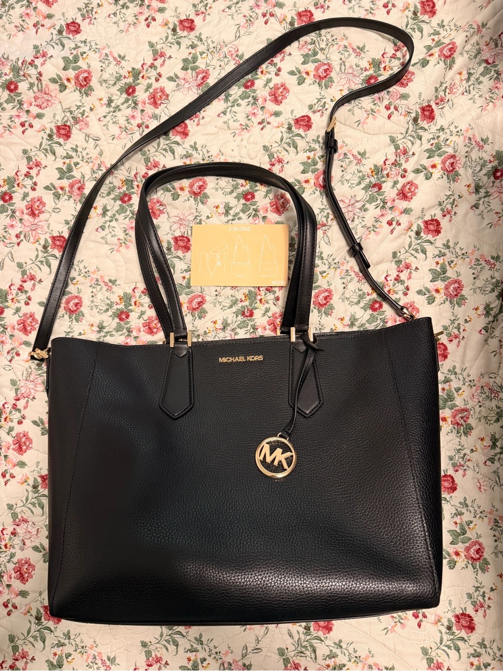 Michael Kors Black Pebbled Leather Tote with Gold MK Charm